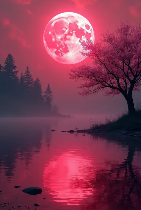 blood lake with cherry tree to the right with the moon in pinkish red reflecting the blood lake with the pinkish sky. scenery