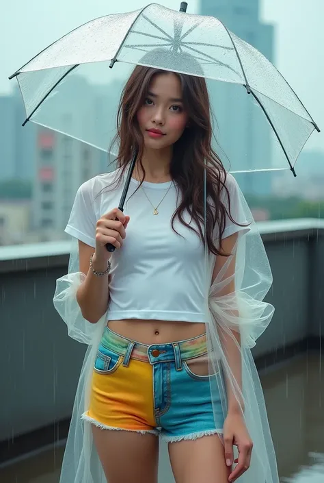  Thai girl, 
Woman in clear plastic raincoat standing barefoot on grass, holding clear plastic umbrella, looking at camera in rain. Raincoat and umbrella are soaked with rainwater. White t-shirt and shiny rainbow denim shorts. Photo taken on a rooftop in T...