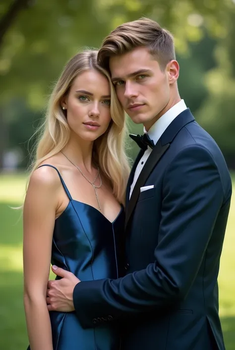 Realistic full body portrait of a young blonde German flower girl aged 20 with long hair and a young man, Necklace, smile. She stand in front of the camera in a shiny metallic darkblue satin A-line dress with straps and the man in a suit..., Wedding celebr...