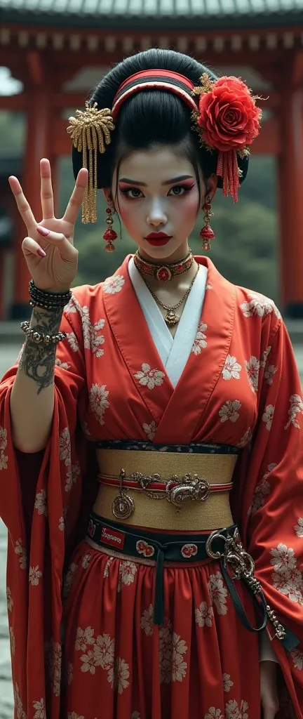 females portraits badass selfies of traditional female Japanese geisha females version xxxtentacion juice wrld inspired crazy wild detals gangsta gang baggy sagging trap supreme streetwear at a Japan shrine raising hands gang signs offensive V signs