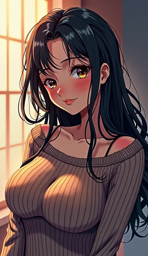 A woman wearing a hooded woolen sweater with lines pattern 1girl, Solo, High Resolution, Breasts, Black Hair, Very Long Hair, Foreshortening, Lens Flare, Best Quality, Large breasts, Pout, Drunk, Laughing, Illustration, Anime, Anime Style, Pixel Art, 