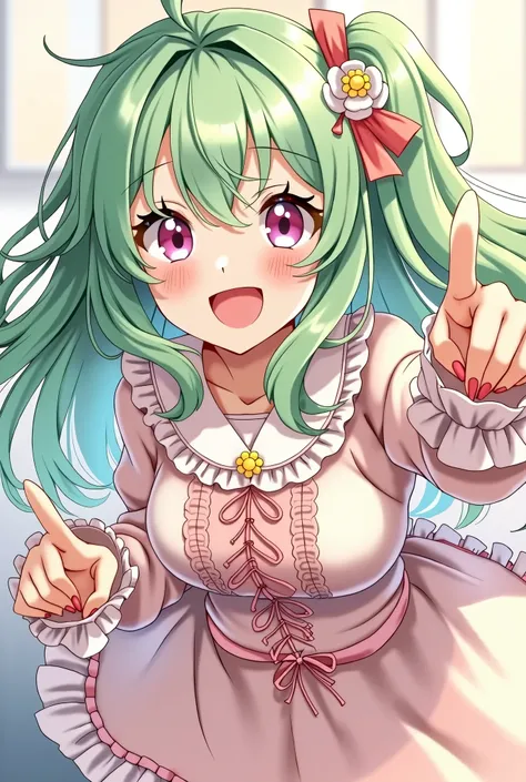 Girl, demure green hair, long hair, fashionable casual clothes, lots of frills, pointing at number 1 with index finger, up close on camera, from above, illustration, anime style, smiling, celebration, looks really happy