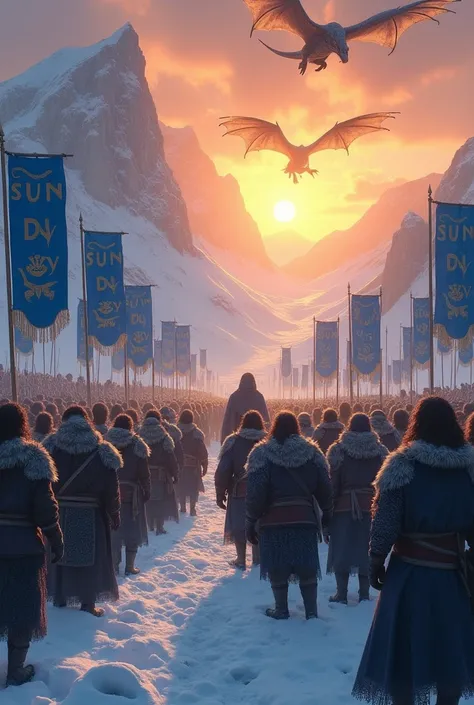 A medieval army of men and women in a snowy landscape, with a towering sunrise and blue banners of the Snow Union clan, with the acronym SUN written on the flags. Add the King of the North and dragons