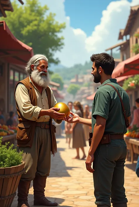 The farmer went to the town and sold the golden egg for a good price. Taking money from the costumer and the customer giving money to the farmer 