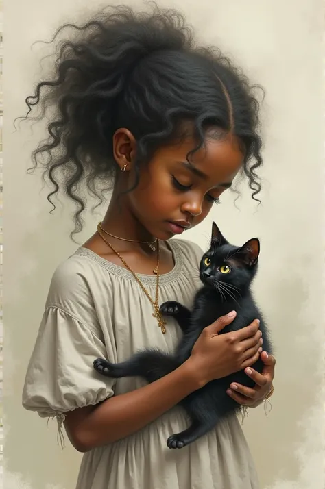 Mysterious drawing of a black girl with a cat in her hands 