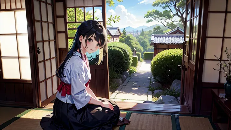 Anime characters sitting on the terrace of an old Japanese house, A view of her garden. Summer atmosphere. The colors are soft and pastel, Soft lighting and a nostalgic atmosphere, Lo-Fi, High school girl , pretty girl, side, A broad perspective, The beaut...