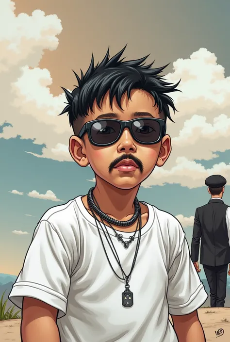 （high dynamic range）boy、Yellow skinned people、Black hair、[[necklace、moustache、Drilling]]、（Very detailed）Matrix Sunglasses、black hat、White T-shirt、Cartoon in black suit、Illustration of wind, Comic Art, Comic Art, In digital illustration format, Highly detai...