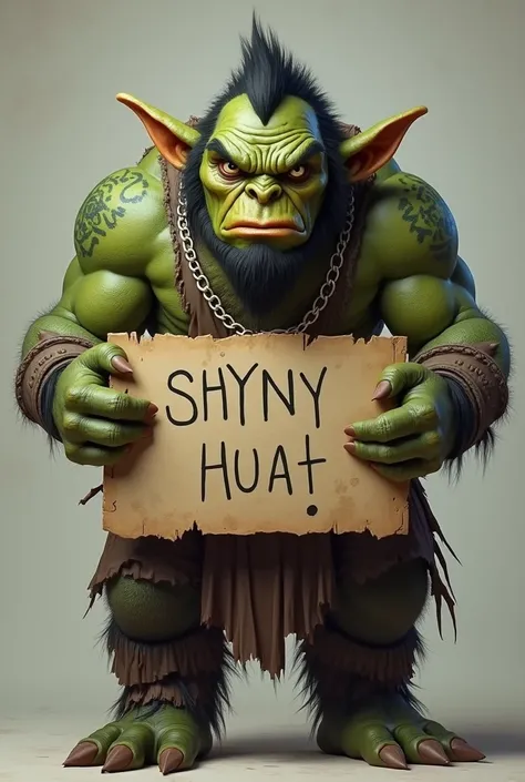 An orc with a sign saying hes shy