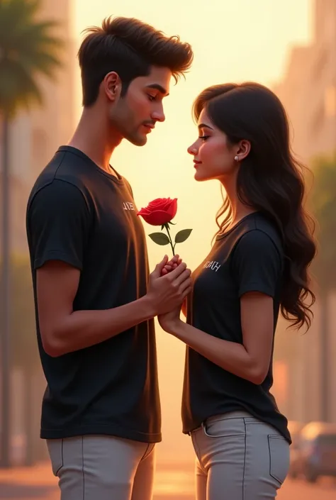 A handsome 18yr boy and girl wearing black t-shirt and whitepant an boy proposal rose in hand

aboy hold girl handand  (Nitesh and Kajal on the t-shirt )