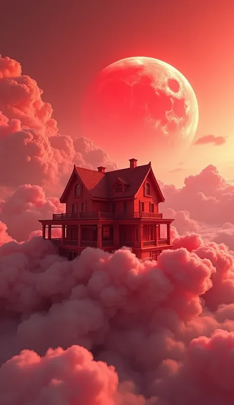 A extremely masterpiece 8k 3d animation image of a very beautiful red house on a beautiful red colour cloud with Red moon 