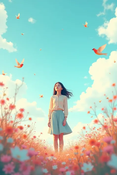 Generat image from upward to low angel. A serene field painted in soft pastel colors, with uncountable little winter flowers plant. A 18 year girl with rosy cheeks stands in the center, gazing upwards with a sense of wonder. Little birds flutter around her...