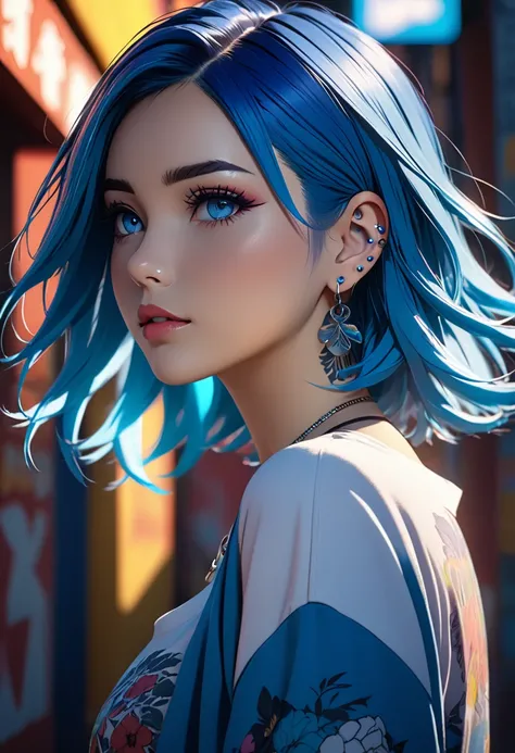 A beautiful girl with blue hair, full lips, ear piercing, arm tattoos, gray eyes, vibrant colors, cinematic lighting, dramatic shadows, 8k, high qualiaty, anime, casual clothes