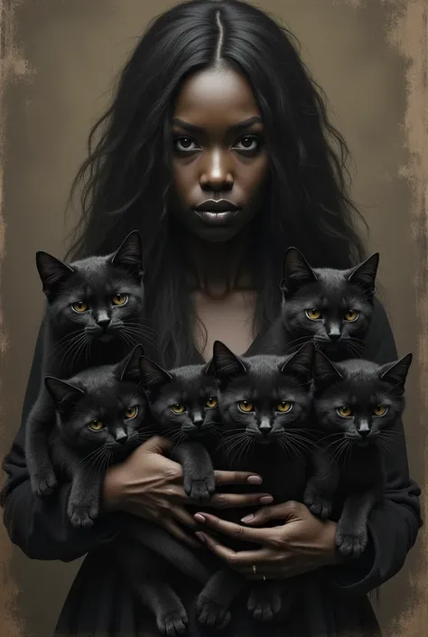 Dark and mysterious drawing of a black woman with several cats in her hands 