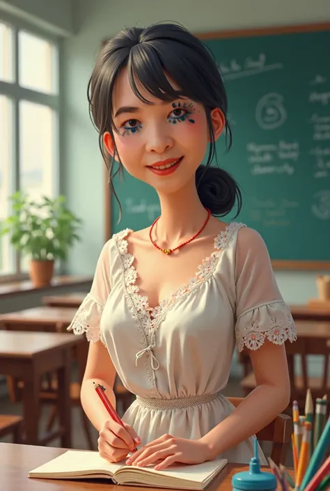 4D cartoon, happy smiling 60 year old Thai female teacher with bangs, wearing a lace dress, joyfully teaching in a classroom, 3D oil painting, pastel color tones, intricate background, masterpiece, best quality, 8k, professional