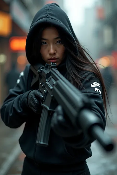 A dark brown Korean woman with almond-shaped eyes and long hair, wearing a black Nike hoodie with a large logo and matching black Nike pants. An assassin wearing black gloves and a light machine gun in a shooting position.