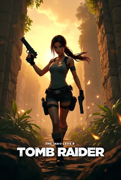 Create a YouTube thumbnail in landscape mode with Lara Croft in an action pose. holding his signature dual pistols, with a given expression. In the background, small explosions are scattered, throwing debris through the air. The setting is a ruined temple ...