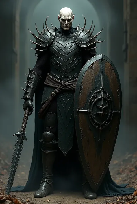 pale skinned, hairless warrior, wearing black leather armor covered in spikes. Using a half-body shield with half a tormented face and the other smiling. using a serrated bladed bastrde sword. hellraiser cenobite style.  