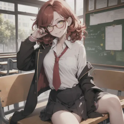 1 girl, yellow eyes, red eyeshadow, Round glasses, slightly long red nails, short hair, curly hair, natural redhead, , chest a little big, School uniform, Leaning on a school bench, school hall, mischievous smile, suggestive smile, full body, winged mole o...