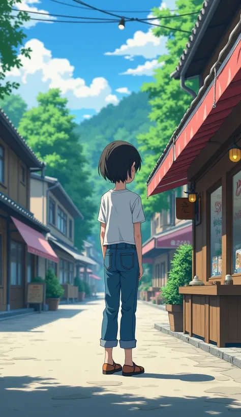 Anime - City street style scene, a little teenage girl waiting in front of a store,she wearing loose t shiert with loose blue jeans anime old village background detailed scenery - width 672, anime style cityscape, Studio Ghibli anime style, Studio Ghibli a...