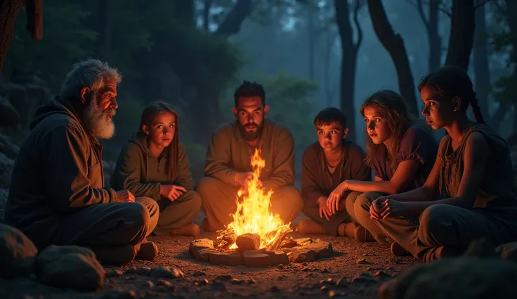 A campfire setting with villagers telling stories to children about the cursed cave, their faces illuminated by the firelight, displaying fear and intrigue."