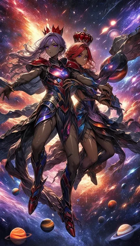 (Two Adult twins, 2 characters, boy and girl, man and woman)( With a galaxy armor and tunic merging with planets, (woman twin (shiny Purple eyes; showing the whole body; brown skin color; incandescent silver long hair, purple tiara), Man twin(shiny Red eye...