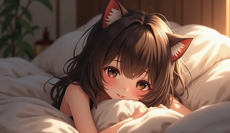 1cat girl brown hair and black eye on the bed