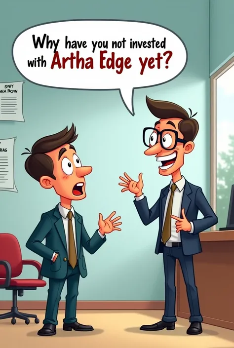 A cartoon image. Where a banker is asking a customer to invest with "ARTH EDGE" for best returns. Add text to the image saying "Why you have not invested with A₹THA EDGE yet ?"
Change cartoon and re generate.