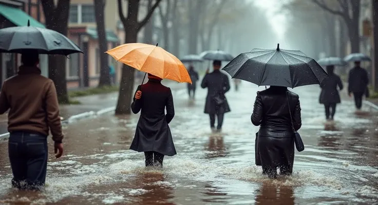 People were walking through the water on the road with umbrellas