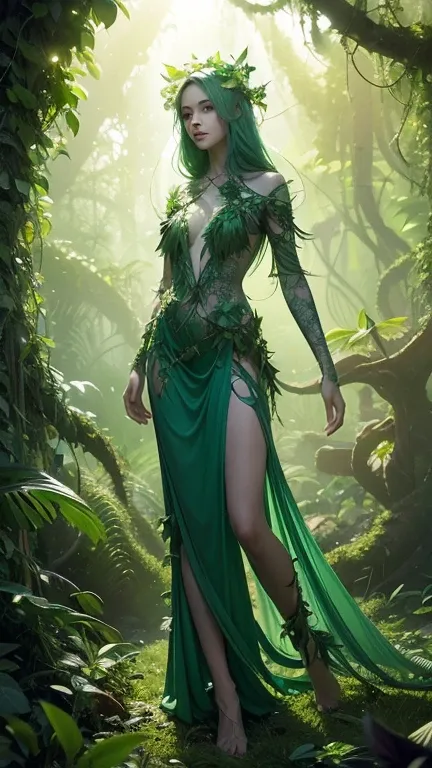  Digital art full body woman of a plant-human hybrid, vines and flowers growing from skin, surrounded by a swarm of bioluminescent insects, in a bioluminescent forest clearing, ethereal backlighting, rich emerald and amber color palette