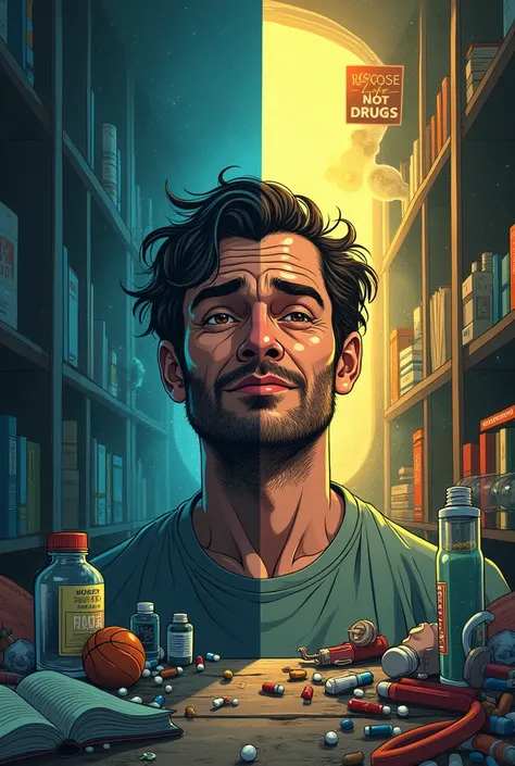 For the Left Side:
A digital illustration of a men looking distressed and overwhelmed in a chaotic, dark environment filled with drug paraphernalia like pills, syringes, and bottles. The colors are deep blues and grays.

For the Right Side:
A digital illus...