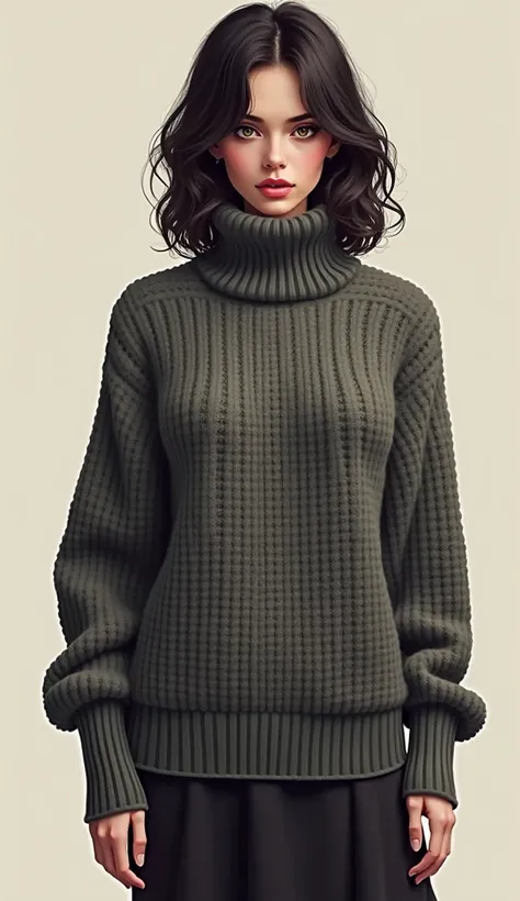 A woman wearing a woollen sweater with lines pattern, 1girl, Solo, High Resolution, Breasts, Large breasts, Multiple Views, Pixel Assets, Pixel Art, 