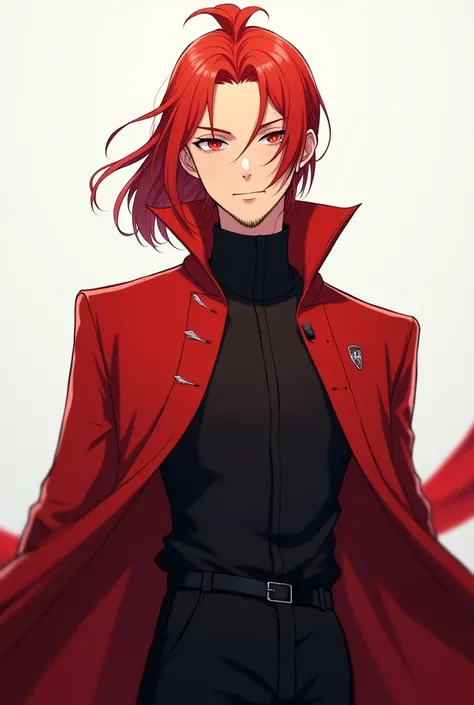 A 30-year-old red-haired man with his hair tied in a bun on his head and a thin beard with red eyes, with a black shirt and pants with a red overcoat. Make anime style