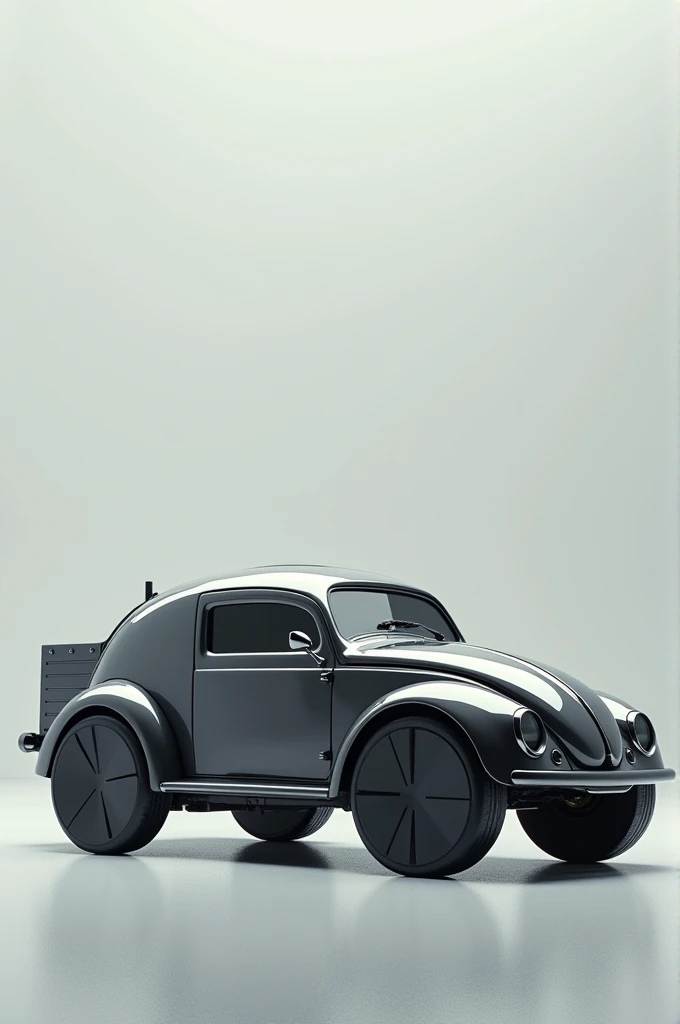 Generate an image in which you compare cars from the past and those from the future; place a Beetle car next to a Cybertruck to make this comparison. 