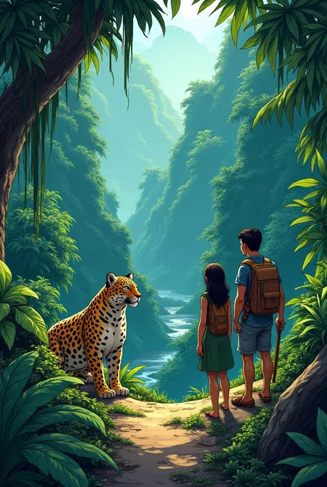 Create a complete comic in a drawn style with panels, bocadillos de dialogue and narration en español. The comic must be semi-realistic, with defined lines and vibrant colors that represent the Amazon rainforest. Each page should have between four and six ...