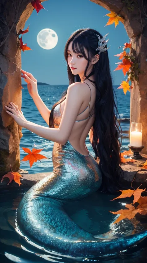 masterpiece, 最high quality, sea,night, full moon, Long black hair, mermaid, Performer, Mystical Moon, autumn leaves, high quality, Beautiful graphics, Attention to detail