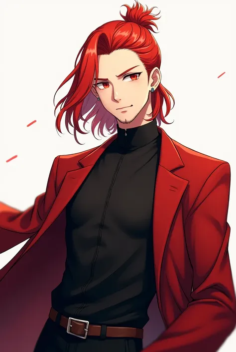 A 30-year-old red-haired man with his hair tied in a bun on his head and a thin beard with red eyes, with a black shirt and pants with a red overcoat. Make anime style