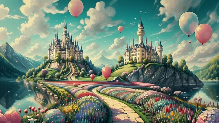 cute castle with flowers and ballons, happy wonderland
Obras, of the highest quality, best quality, Arte Oficial, Beautiful and Aesthetic,