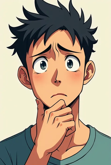 A man who is thinking and has a worried face. The drawing must be in front with an anime style
