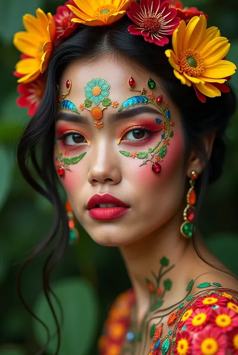 Artistic makeup for a more precise party parade in Colombia in the coffee region inspired by the flora and fauna of this region