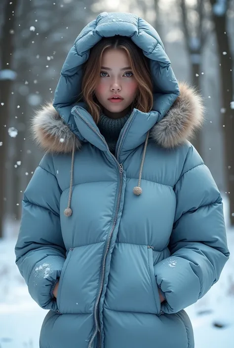  Sexy girl in oversized blanc blue adidas down jacket in winter wood 