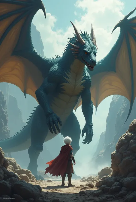 A white hair young man with a big wyvern