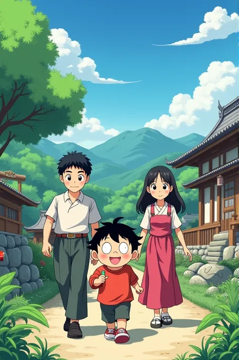 "Shin-chan and his family arrive at an unfamiliar location, perhaps a secluded vacation house or a rural shrine.