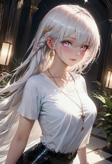 Long smooth straight glowing white hair, white eyes,posing in casual clothes, masterpiece, super detail, best quality, 8k,realistic