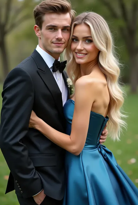 Realistic upper body portrait of a young blonde German flower girl aged 20 with long hair and a young man, Necklace, smile. She stand in front of the camera in a shiny metallic darkblue satin A-line dress with straps and the man in a suit..., Wedding celeb...