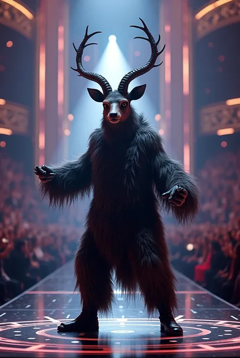 creating an image of a male singer wearing a "antelope" mascot performing on The Masked Singer stage