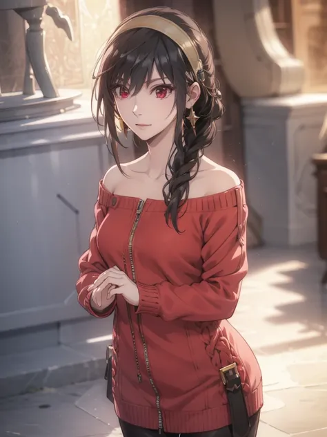 yorbriar, yor briar, black hair, (red eyes:1.5), earrings, gold hairband, hairband, long hair, sidelocks, (medium  breasts:1.2), smile,
BREAK bare shoulders, collarbone, dress, long sleeves, off shoulder, off-shoulder dress, off-shoulder sweater, pantyhose...