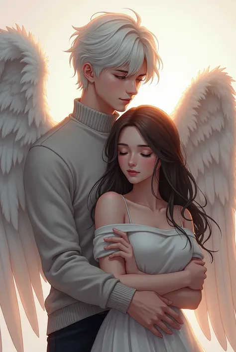 A young guy, with big white wings and a beautiful turtleneck. His hair is pure white. He has even facial features and he is hugging a beautiful girl next to him, it looks pretty cute. The guy has a serious face, and she has her eyes closed and she is relax...