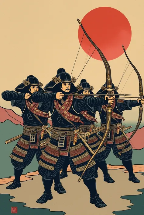 Group of samurai shooting bows and arrows, Ukiyo-e style, armor, high quality