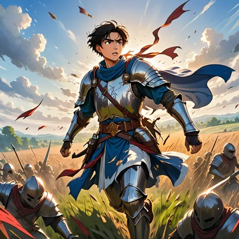 A young man（Heralds），Wearing cloth armor，A letter tied to the belt，Running on the battlefield，War raged all around，Corpses strewn across the field。Magical World，Medieval Europe，Mid-ground composition，Half-body image，Anime illustration style，HD，4K。