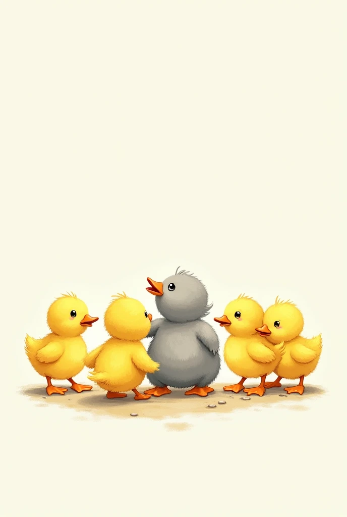 drawing of five yellow baby ducks and one fat baby duck, gray and clumsy